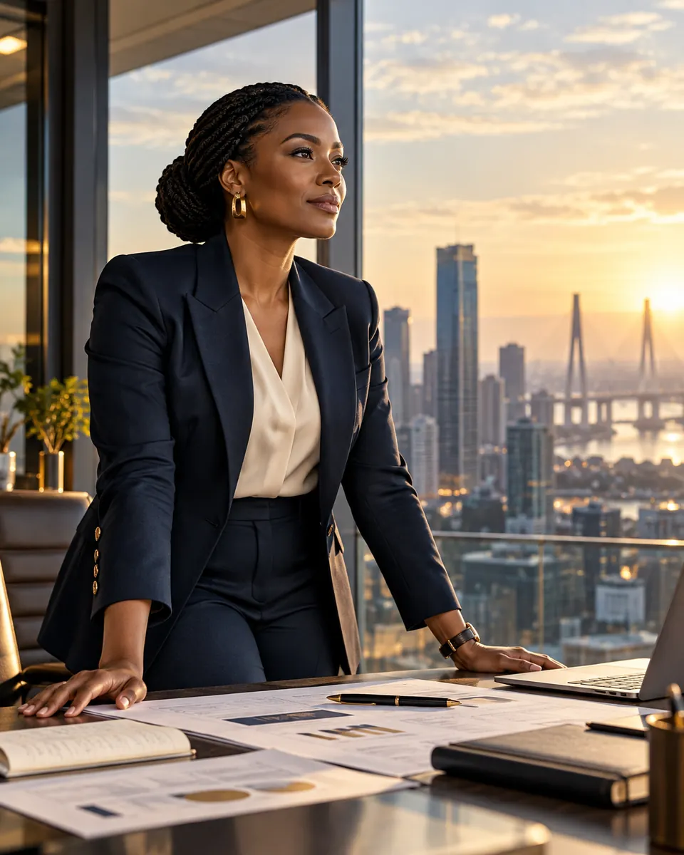 Conceptual editorial image of a business leader reviewing plans against a city skyline